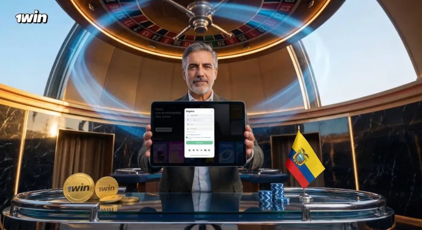 Hombre muestra en una tablet el formulario de registro de 1win bajo una gran ruleta, con monedas doradas, fichas y la bandera de Ecuador sobre la mesa